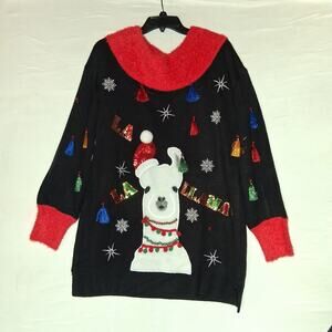 Holiday Time Ugly Christmas Sweater Llama Black Red Sequin Tassel 12W-14W